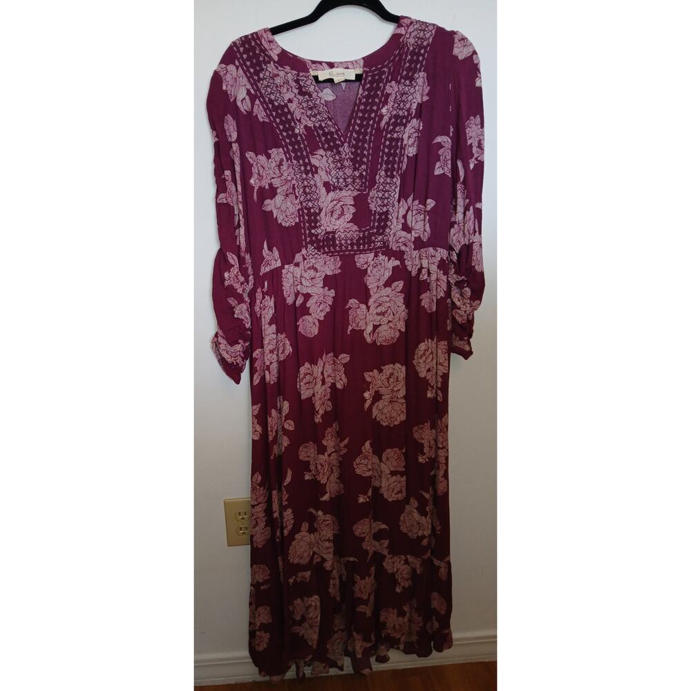Nurture Burgundy Floral Print Boho Midi Dress Long Sleeve Embroidered Bib Large